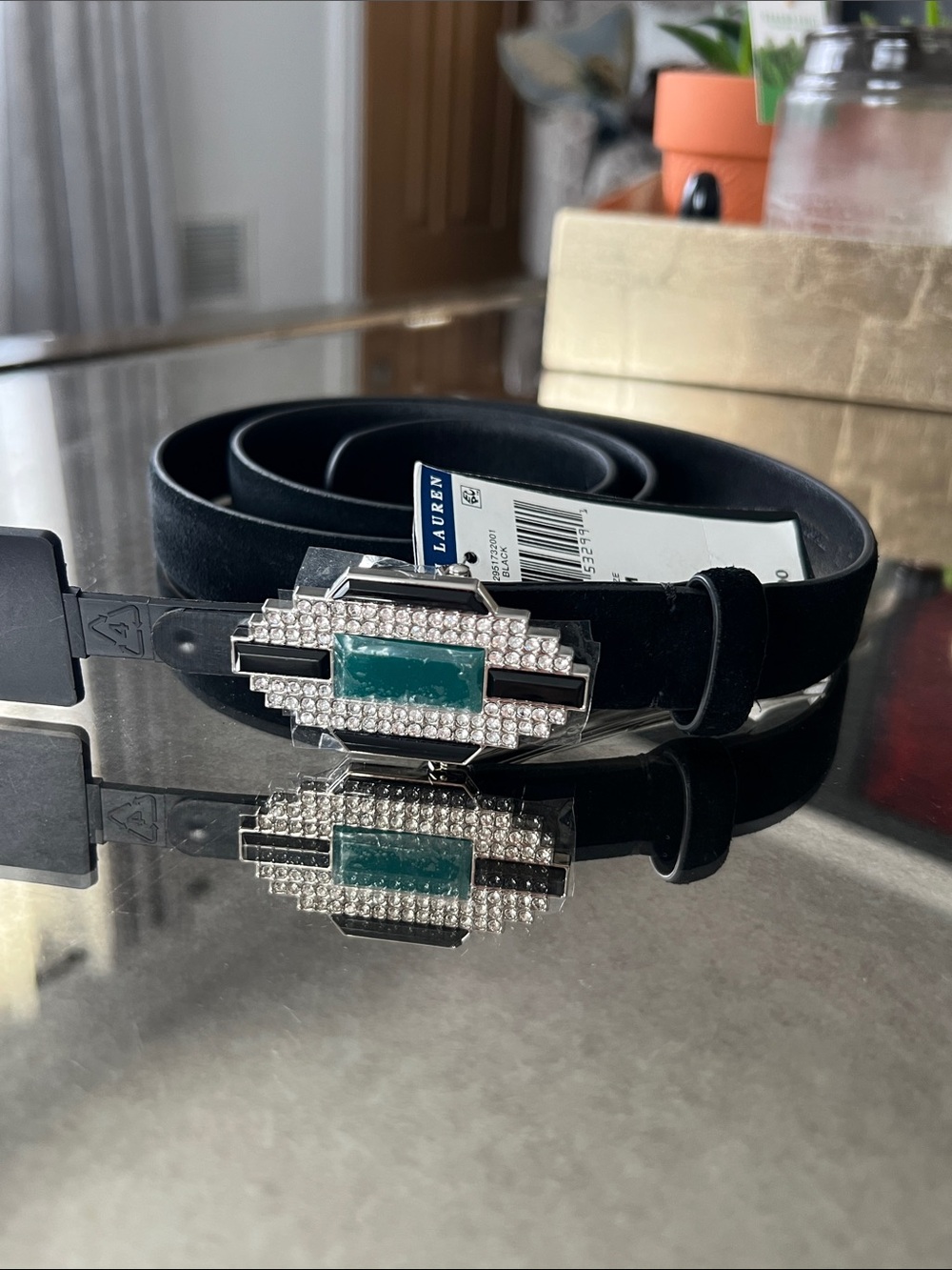 Ralph Lauren Black suede Leather Belt with Teal Crystal Art Deco Buckle New